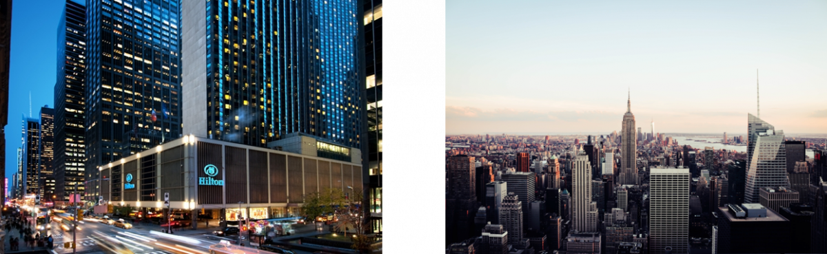 Images of the New York Hilton Midtown Hotel and Manhattan skyline